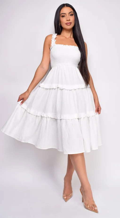Darian White Ruffle Smocked Tiered Midi Dress 8 Darian White Ruffle Smocked Tiered Midi Dress -Deals Dress Store DSC 0969 1 copy scaled