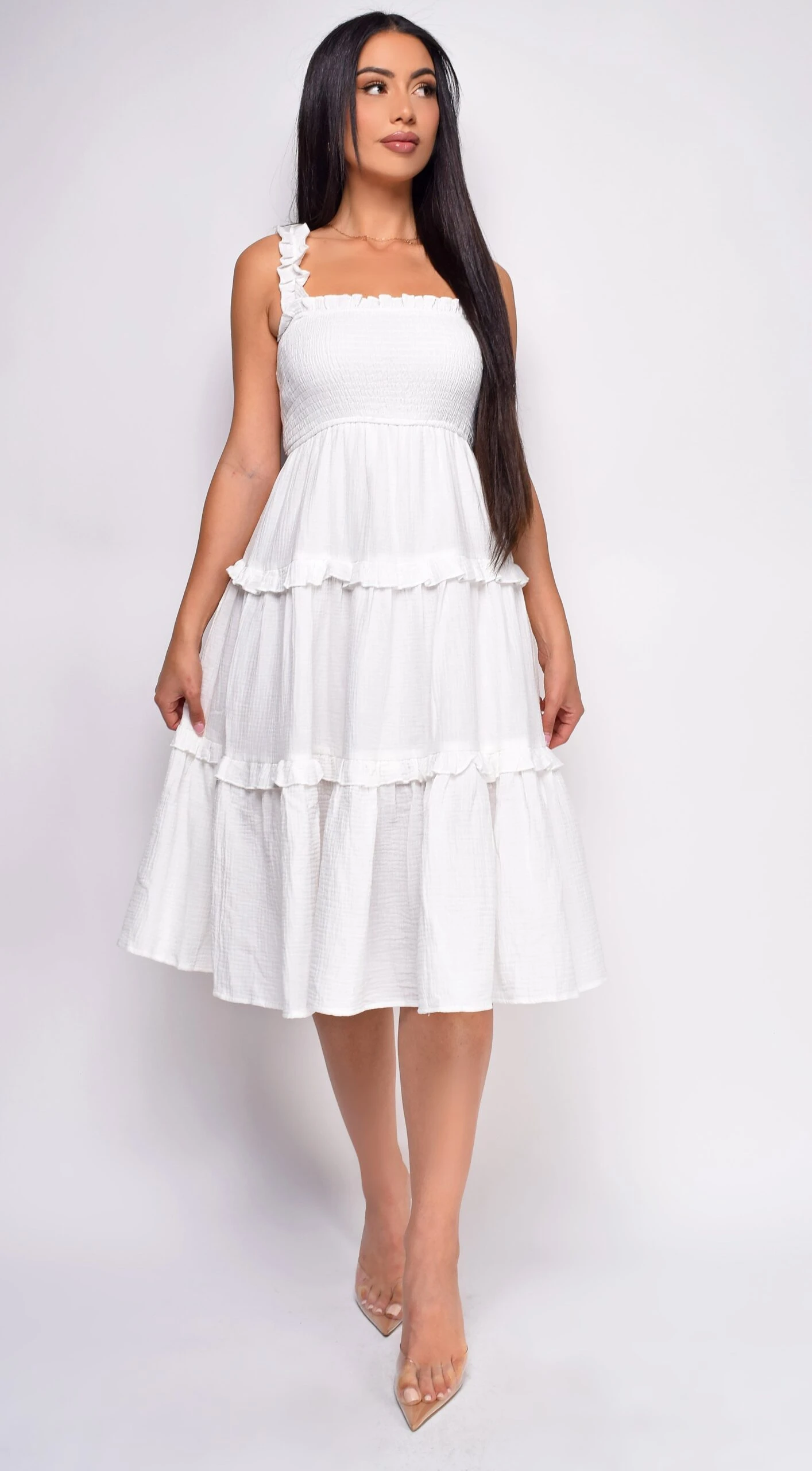 Darian White Ruffle Smocked Tiered Midi Dress 2 Darian White Ruffle Smocked Tiered Midi Dress - Image 2