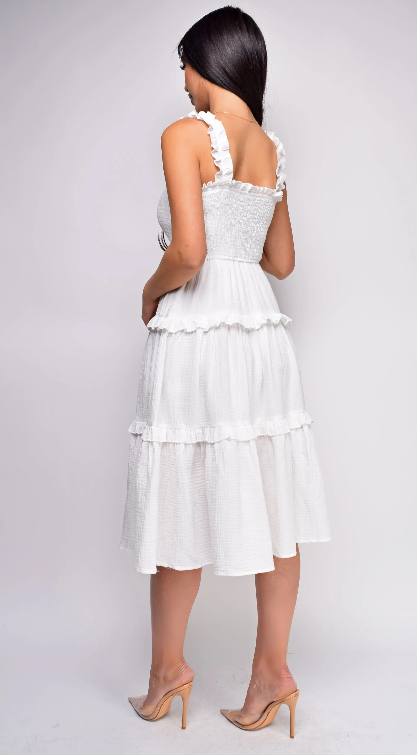 Darian White Ruffle Smocked Tiered Midi Dress 3 Darian White Ruffle Smocked Tiered Midi Dress - Image 3