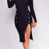 Sophina Black Long Sleeve Ribbed Side Slit Midi Dress